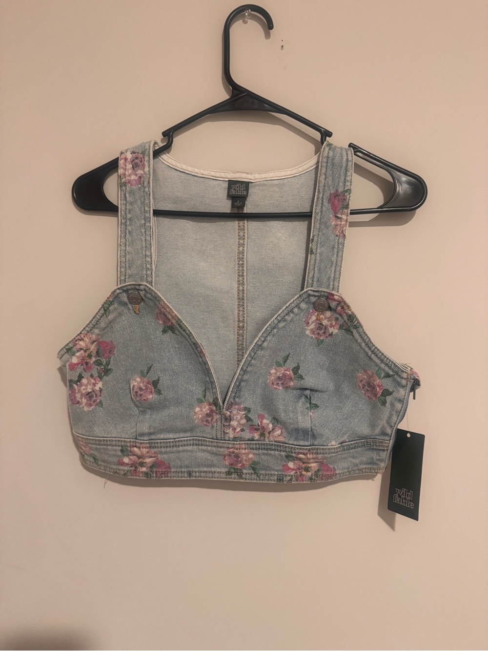 wild fable Light Wash Denim Crop Tank with Pink Floral Print